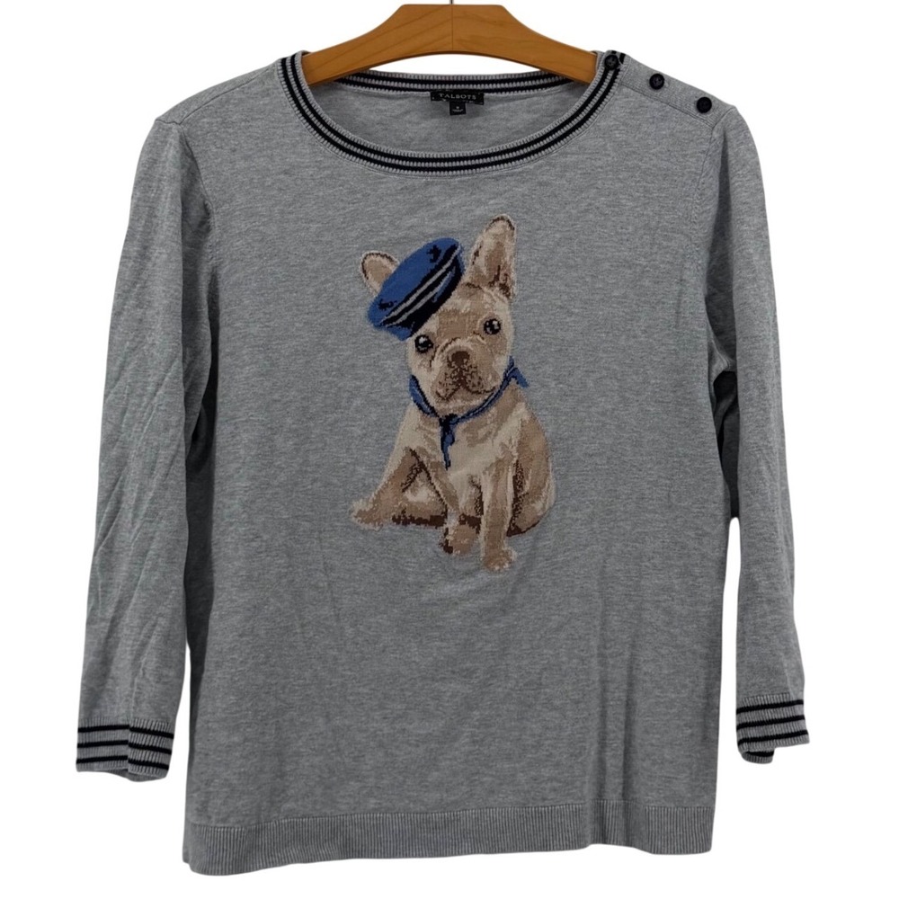 Talbots Cotton French Bulldog Sailor Sweater Womens Small Gray Nautical Knit Top